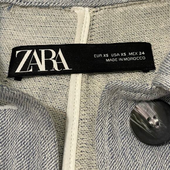 Zara Linen Duster Trench Coat Jacket Button Front Pockets Blue White Women’s S - Picture 14 of 16